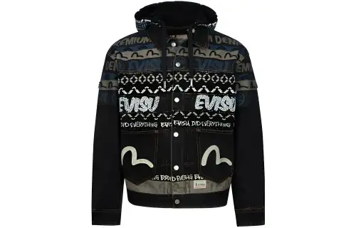 EVISU Jackets Men's Denim Black Hooded Moderate