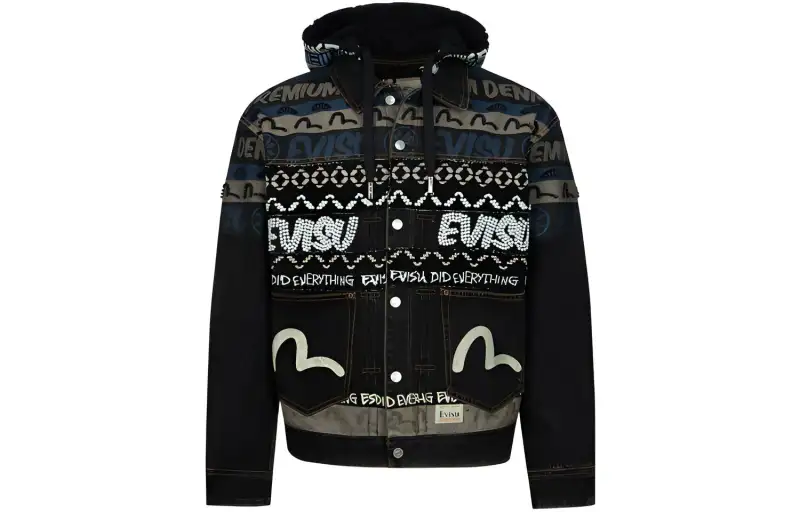EVISU Jackets Men's Denim Black Hooded Moderate