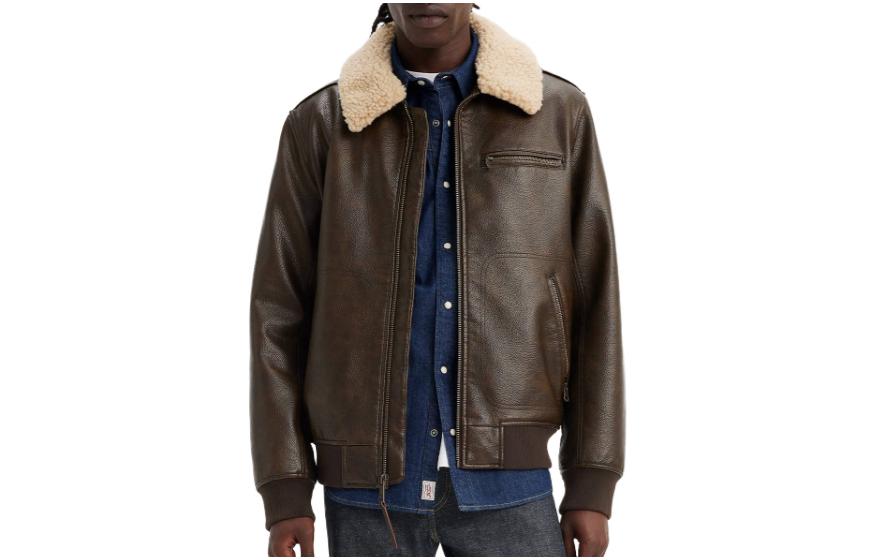 Levi’s Aviator Bomber Jacket With Sherpa Collar Solid Color Lapel Short Zipper Long Sleeve Jacket Men’s Brown