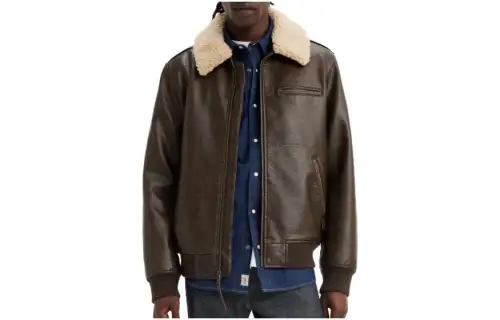 Levi’s Aviator Bomber Jacket With Sherpa Collar Solid Color Lapel Short Zipper Long Sleeve Jacket Men’s Brown