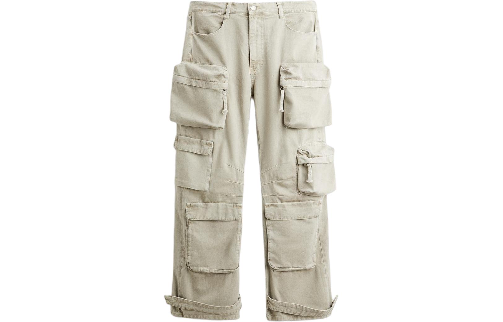 ZARA Чистый цвет и свободный с карманами с замками Рабочий процесс джинсы мужской стиль цвет "слоновой кости"