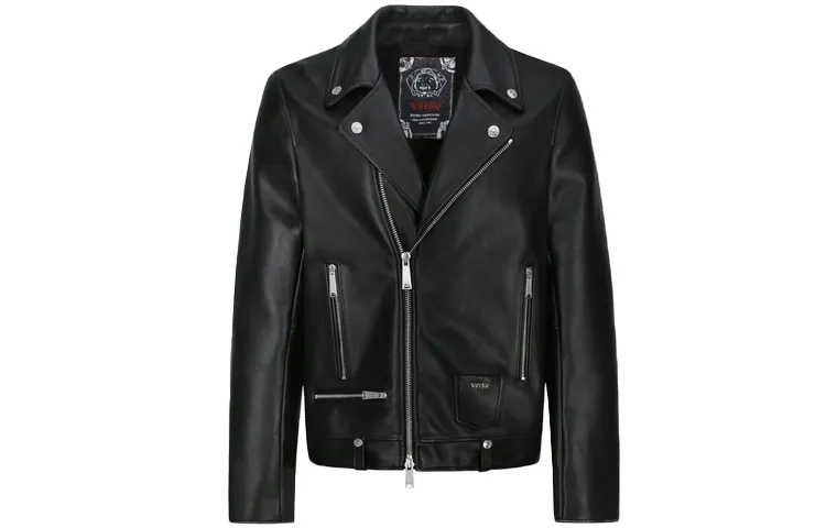 EVISU Leather Jackets Men's Black Lapel Moderate