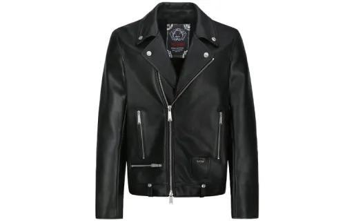 EVISU Leather Jackets Men's Black Lapel Moderate