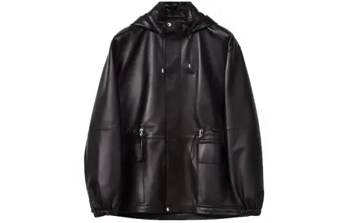 LOEWE Leather Jackets Men's Black Hooded Moderate