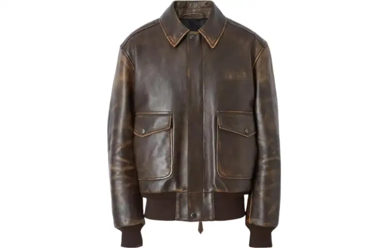 Burberry Leather Jackets Men's Brown Lapel Moderate