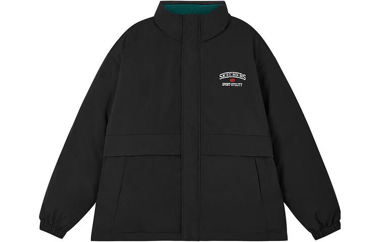 Skechers Skechers colorful casual series solid color reversible stand collar zipper cotton jacket, same style for men and women, carbon black