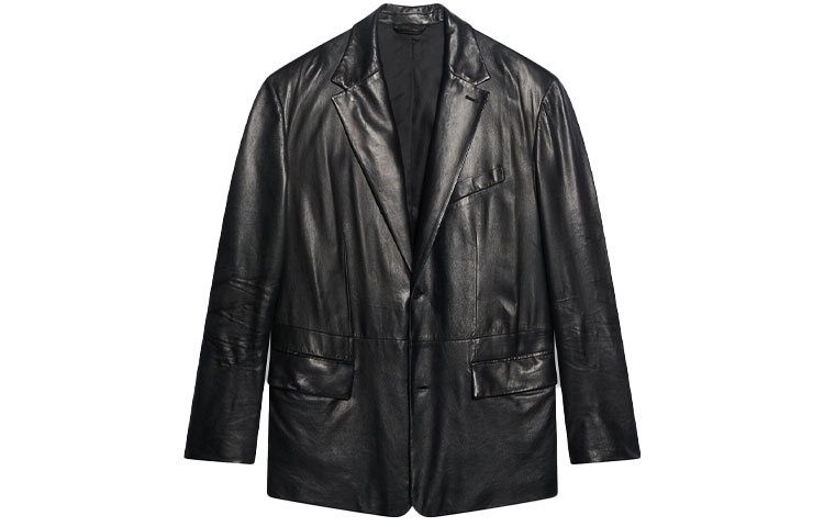 Balenciaga Leather Jackets Men's Black Suit Collar Moderate