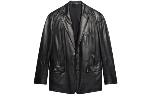 Balenciaga Leather Jackets Men's Black Suit Collar Moderate
