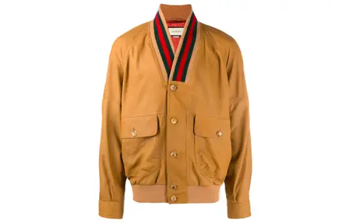 GUCCI Leather Jackets Men's Khaki Stand Collar Moderate
