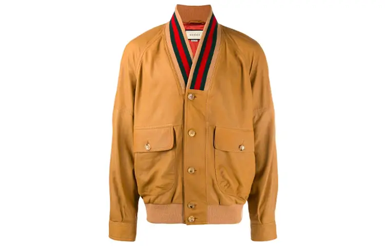 GUCCI Leather Jackets Men's Khaki Stand Collar Moderate
