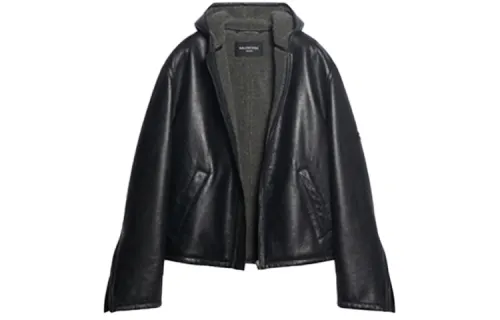Balenciaga Leather Jackets Men's Black Hooded Moderate
