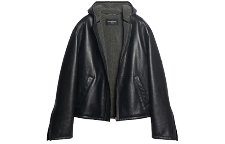 Balenciaga Leather Jackets Men's Black Hooded Moderate