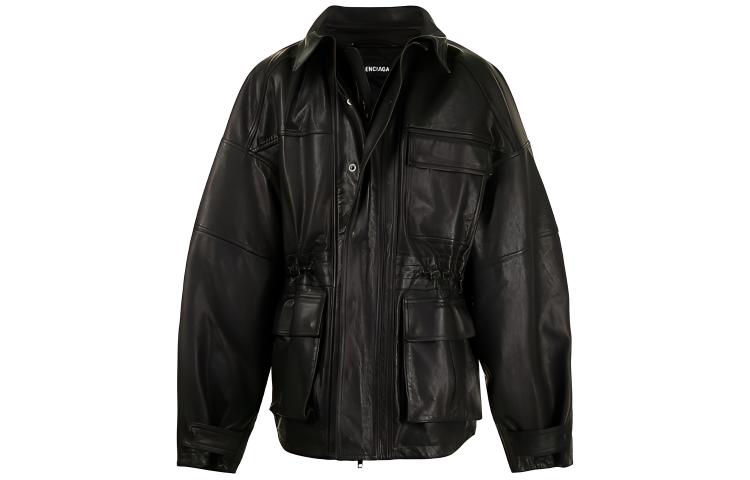 Balenciaga Leather Jackets Men's Black Lapel Moderate