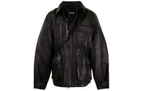 Balenciaga Leather Jackets Men's Black Lapel Moderate