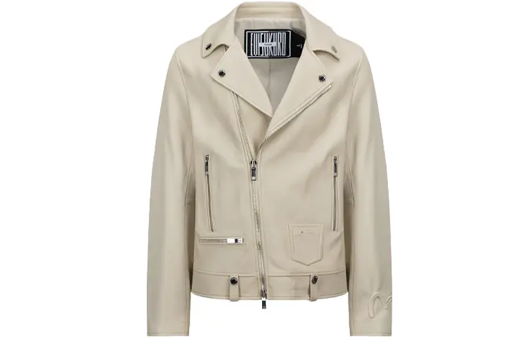 EVISU Leather Jackets Men's Beige Lapel Moderate