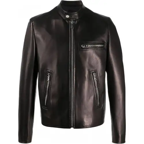 PRADA Leather Jackets Men's Black Crew Neck Moderate