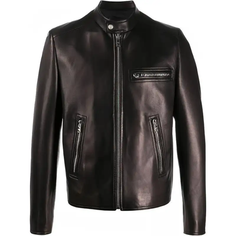 PRADA Leather Jackets Men's Black Crew Neck Moderate