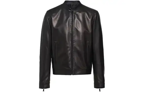 PRADA Leather Jackets Men's Black Stand Collar Moderate