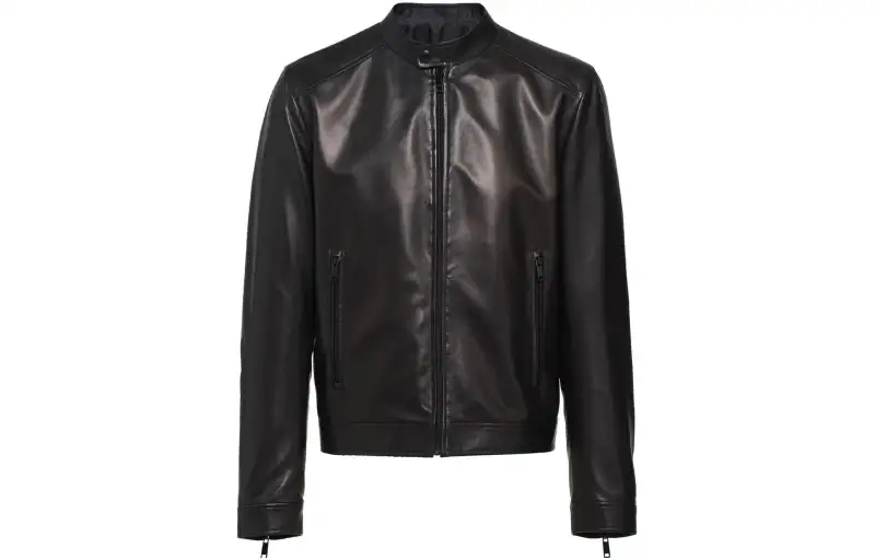 PRADA Leather Jackets Men's Black Stand Collar Moderate