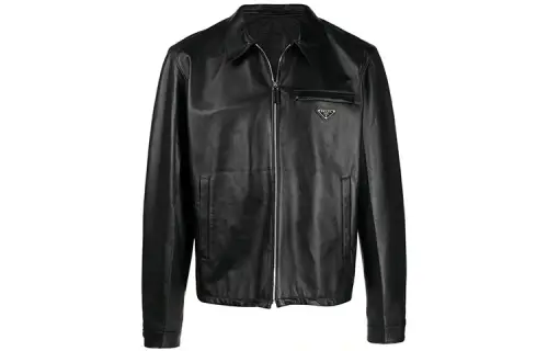 PRADA Leather Jackets Men's Black Lapel Moderate