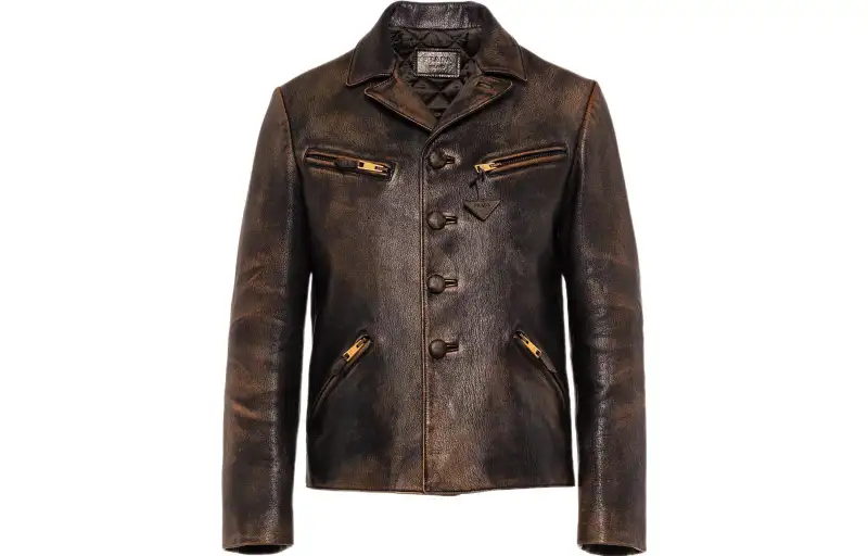 PRADA Leather Jackets Men's Blue Lapel Moderate