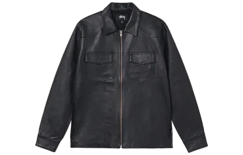 Stussy Leather Jackets Men's Black Lapel Moderate