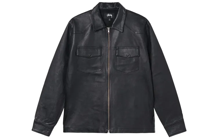 Stussy Leather Jackets Men's Black Lapel Moderate