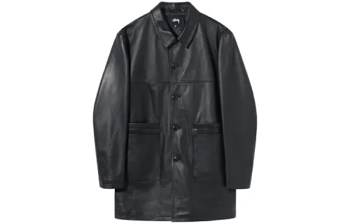 Stussy Leather Jackets Men's Black Lapel Moderate