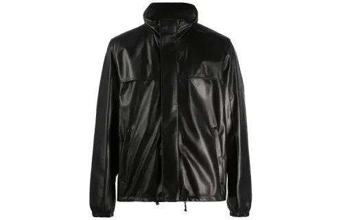PRADA Leather Jackets Men's Black Stand Collar Moderate