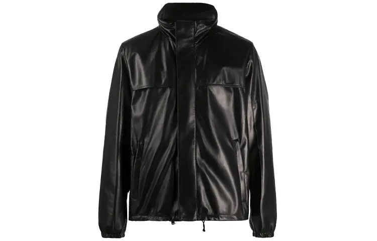 PRADA Leather Jackets Men's Black Stand Collar Moderate