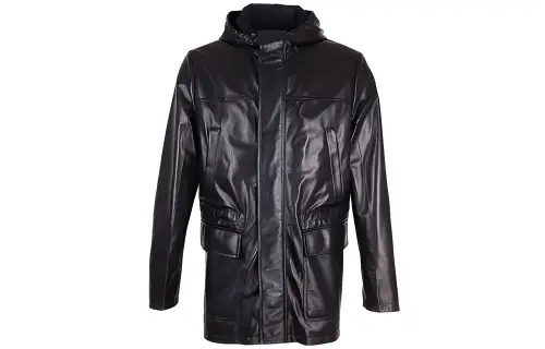 PRADA Leather Jackets Men's Black Hooded Moderate