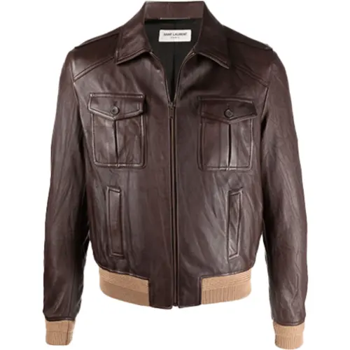 SAINT LAURENT Leather Jackets Men's Umber Lapel Moderate