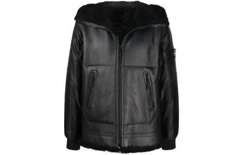 STONE ISLAND Leather Jackets Men's Black Hooded Moderate