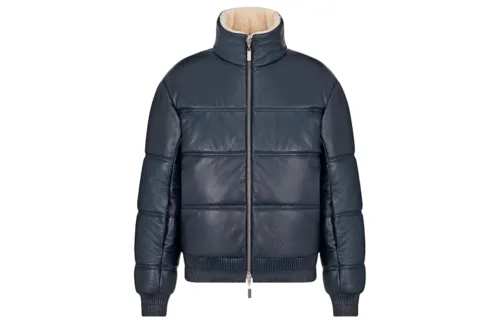 DIOR Quarterly New Products Leather Jackets Men's Blue With White Lettering Stand Collar Moderate