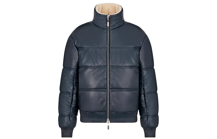 DIOR Quarterly New Products Leather Jackets Men's Blue With White Lettering Stand Collar Moderate