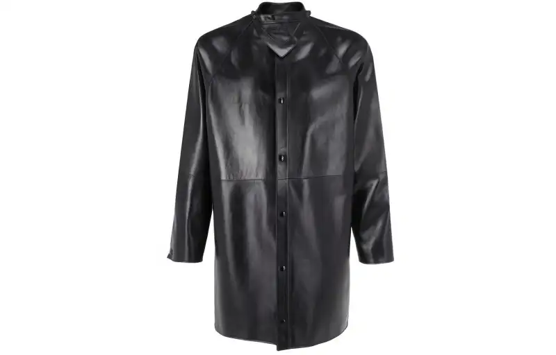 PRADA Leather Jackets Men's Black Crew Neck Moderate