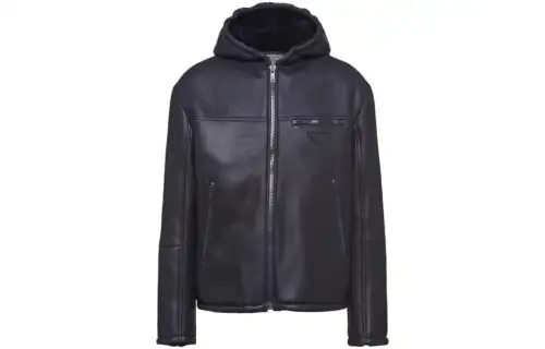 PRADA Leather Jackets Men's Black Hooded Moderate