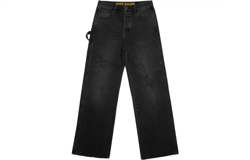 Drew House FW22 Flame Series Solid Color Loose Frayed Ripped Jeans Unisex Black