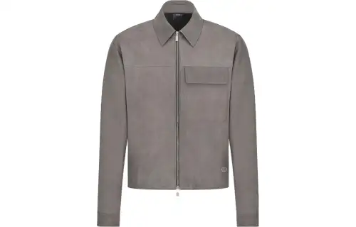 DIOR Leather Jackets Men's Gray Pointed Collar Moderate