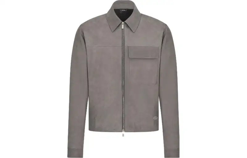 DIOR Leather Jackets Men's Gray Pointed Collar Moderate
