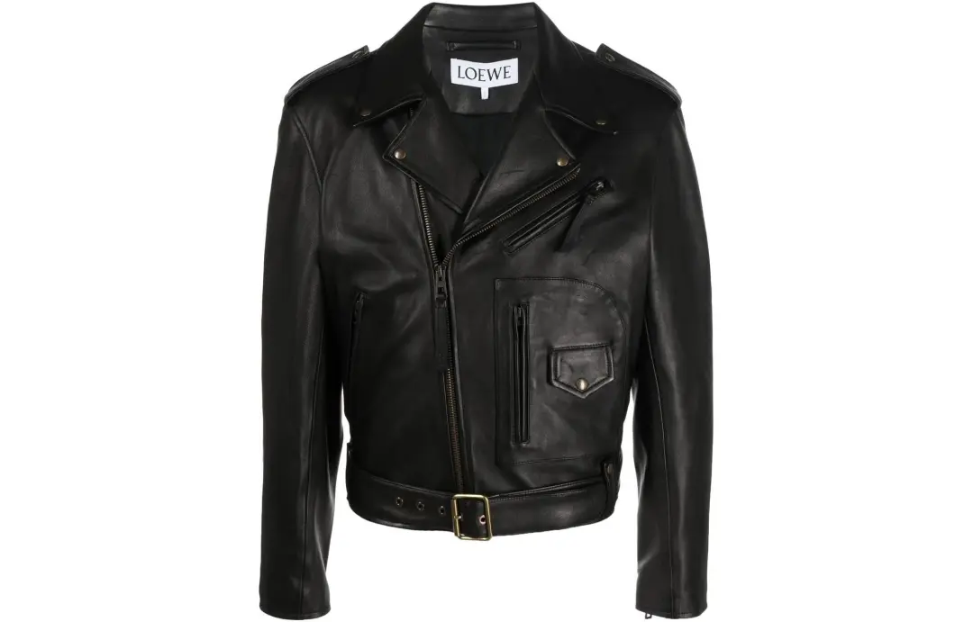LOEWE Zip Up Long Sleeved Leather Biker Jacket