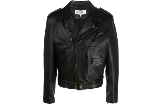 LOEWE Zip Up Long Sleeved Leather Biker Jacket