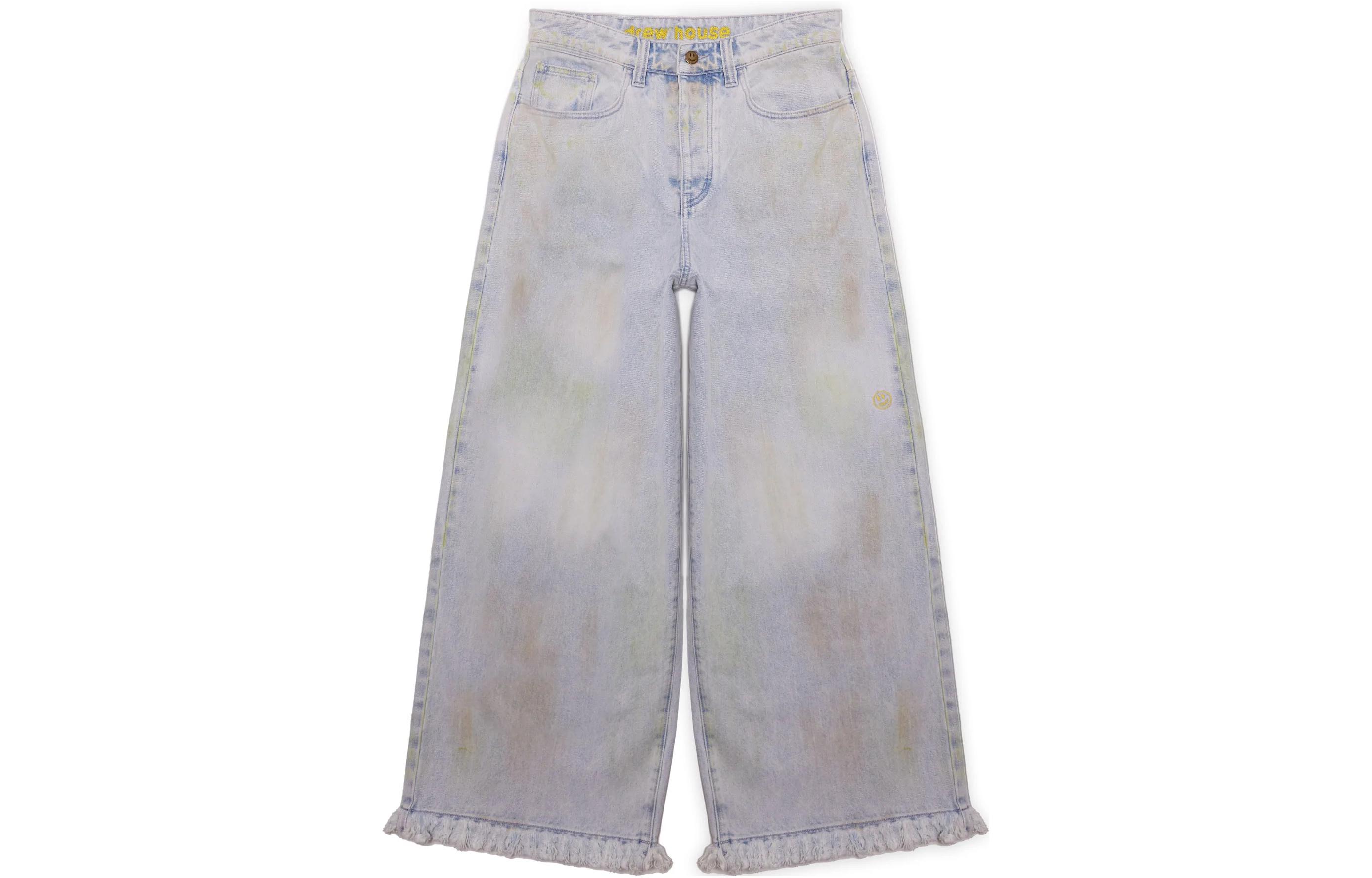Drew House hummingbirds Summer Series Smiling Face Series Ultra Wide Leg Jean Huston Wash SS22 Lace Hem Smudged Wide Leg Jeans Same Style for Men and Women Light Blue