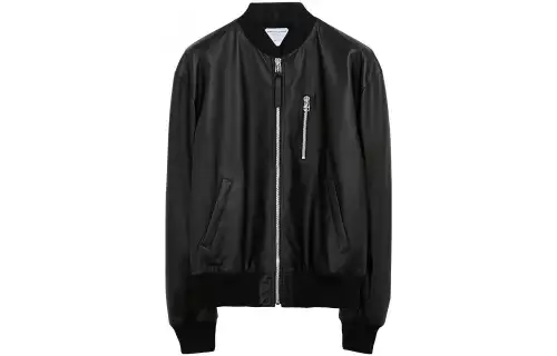 Bottega Veneta Leather Jackets Men's Black Baseball Collar Moderate