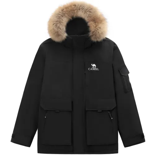 CAMEL Velvet wear-resistant water repellent removable windproof keep warm down jacket with hood for men and women, duck down