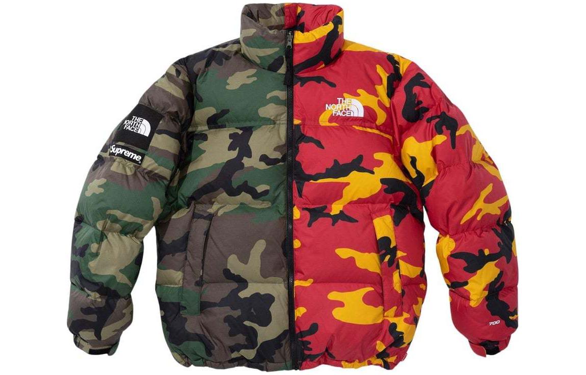 Supreme X The North Face joint series SS24 SPLIT NUPTSE JACKET zipper slit hoodless splicing logo stand collar camouflage American trendy down jacket, same style for men and women