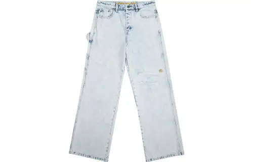 Drew House Floral Series FW22 Carpenter Jean Painted Indigo Solid Color Loose Frayed Ripped Jeans Same Style for Men and Women Washed Blue