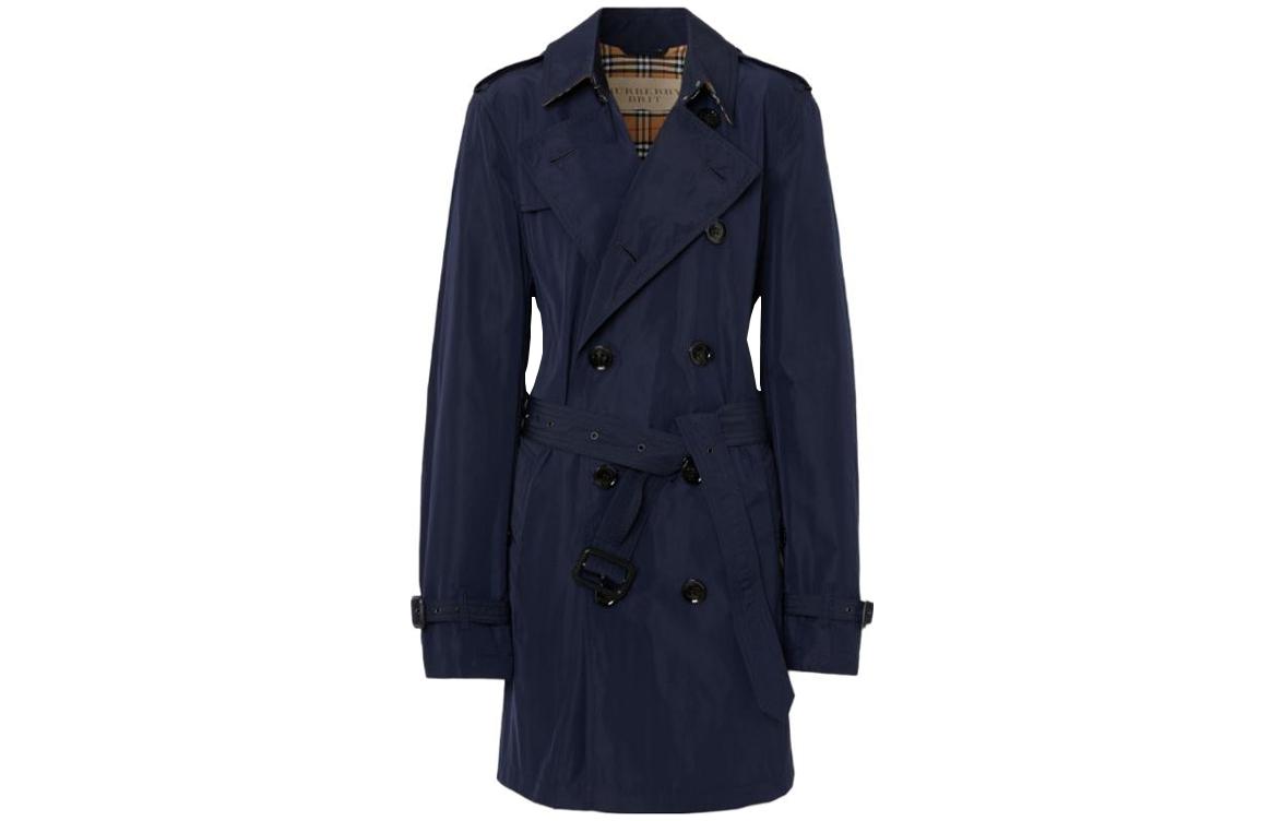 Burberry Burberry SS23 solid color nylon double-breasted belted long-sleeved plaid lined mid-length windbreaker for men