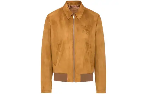 PRADA Leather Jackets Men's Brown Pointed Collar Moderate