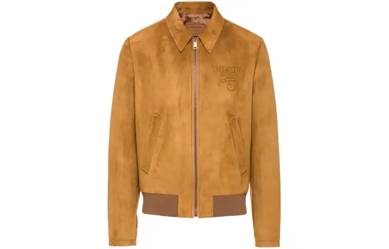 PRADA Leather Jackets Men's Brown Pointed Collar Moderate